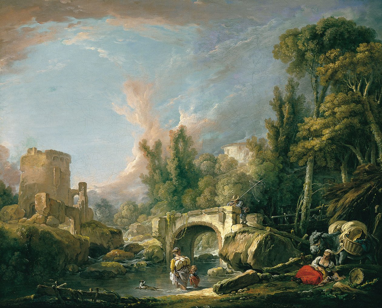 Paisagem do rio com ruína e ponte de François Boucher