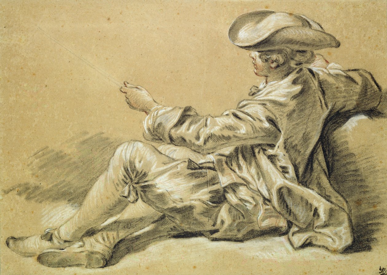 Menino pequeno com uma vara de pescar, 1755 (giz preto e branco com giz vermelho sobre papel castanho claro) de François Boucher