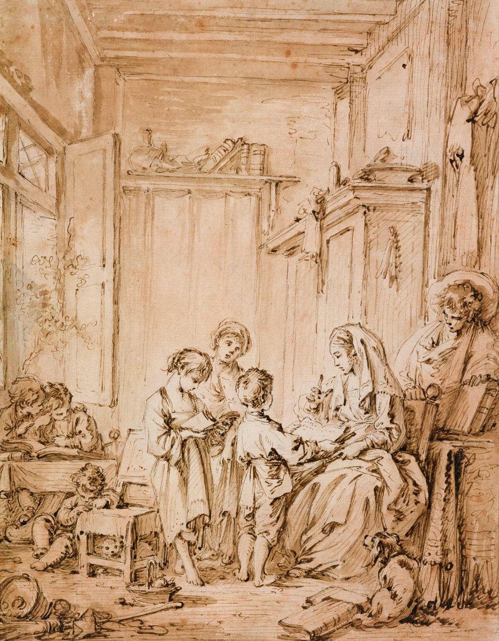 O Schoolroom (tinta e tinta marrom no papel) de François Boucher