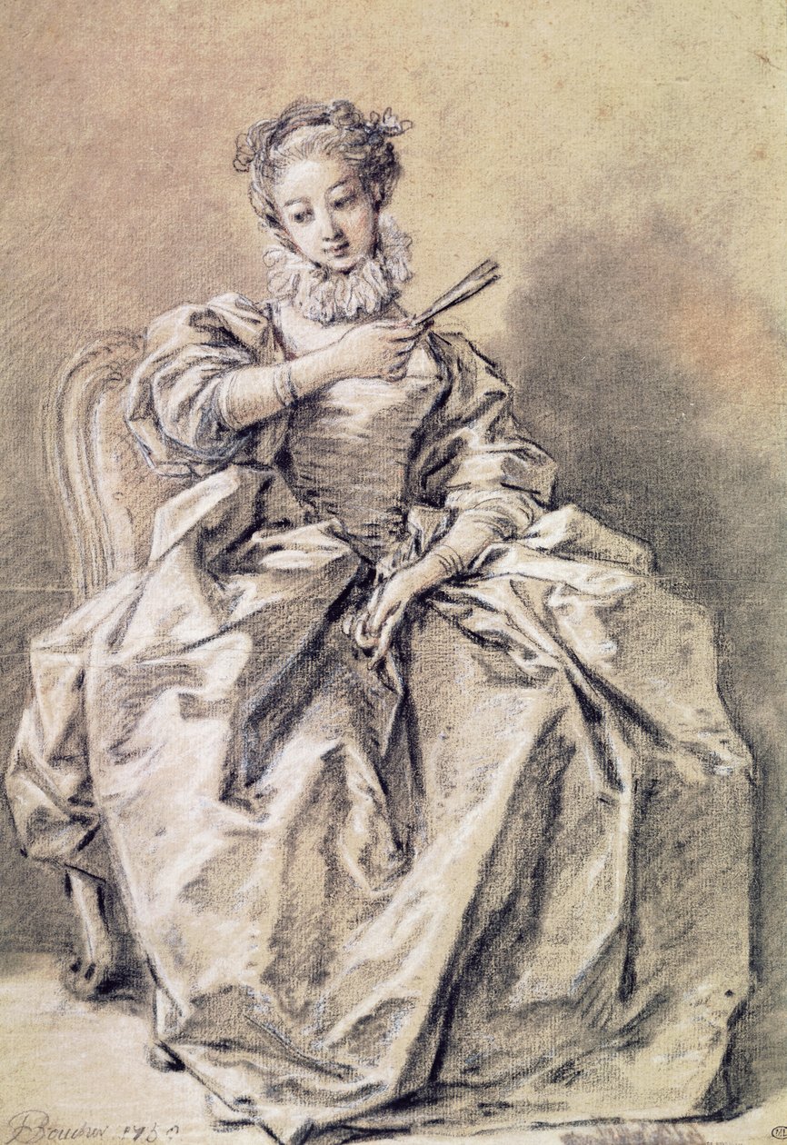 Mulher, em, espanhol, traje, (carvão vegetal, und, branca, giz, ligado, paper) de François Boucher