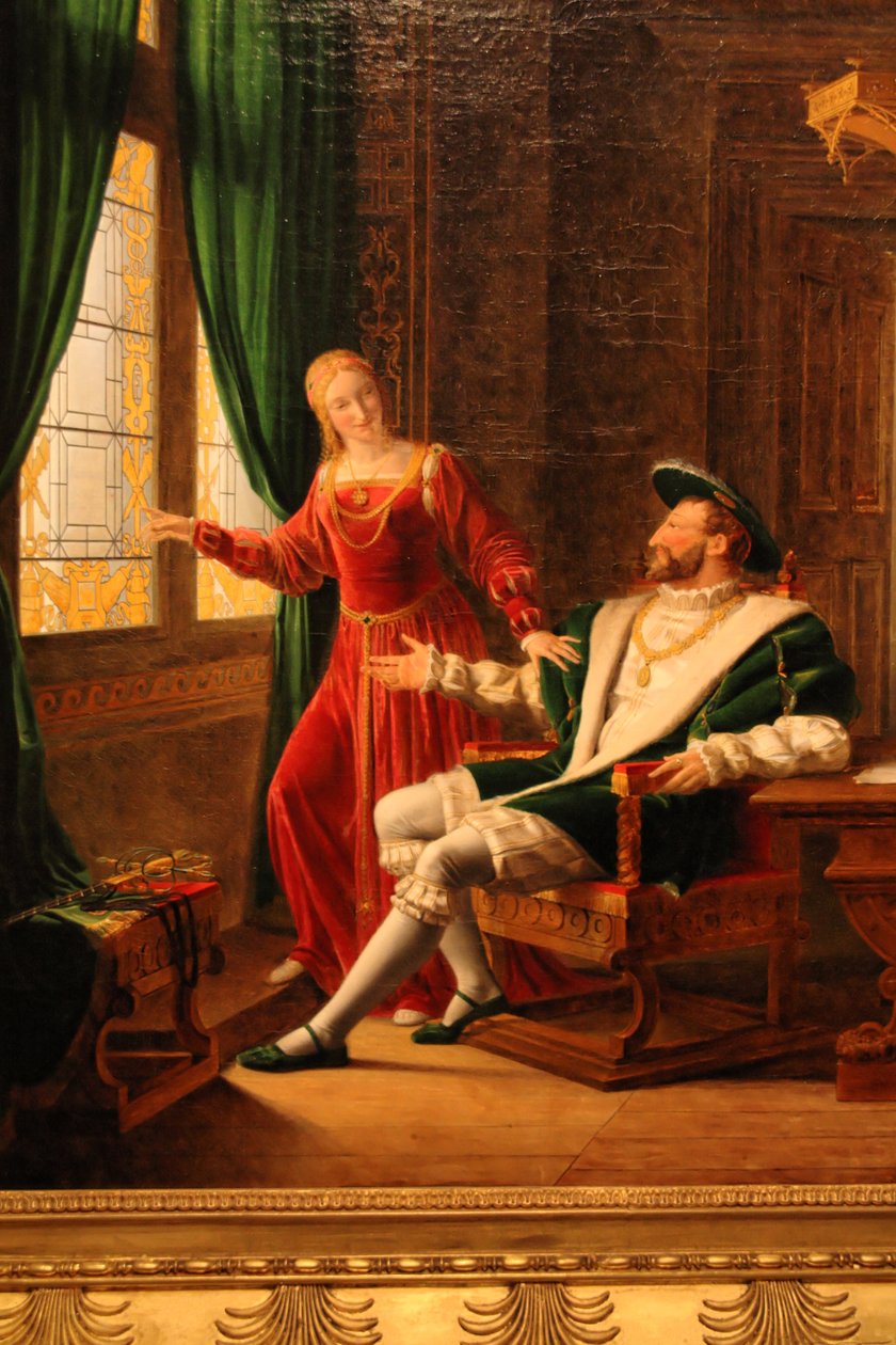 Francis I mostra Marguerite de Navarre, sua irmã, os versos que ele acaba de escrever em um copo com seu diamante de François Fleury Richard