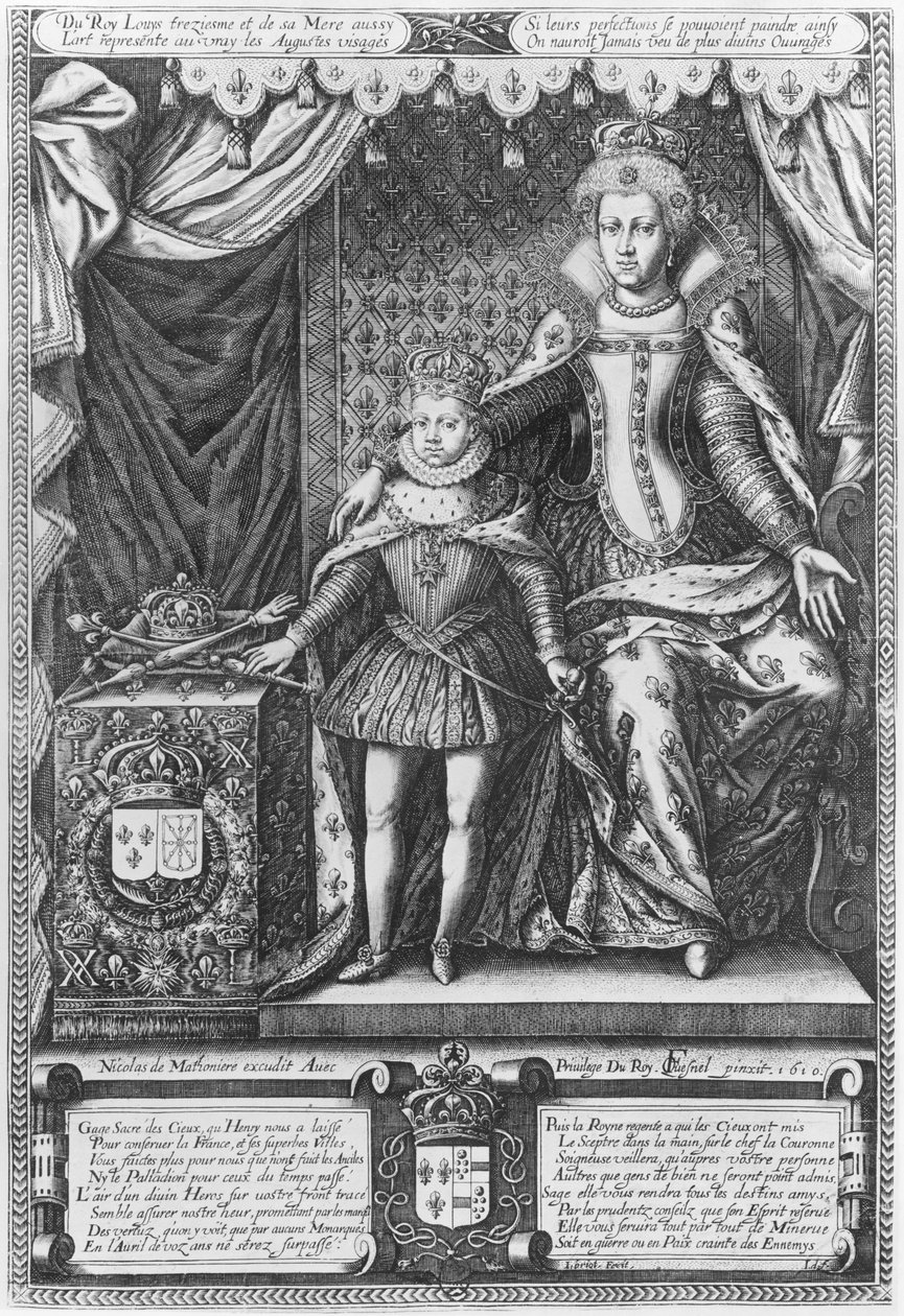 Rainha Maria de Médicis e Luís XIII como uma criança, gravada por Nicolas de Mathoniere (fl.1600-22) 1610 de François Quesnel