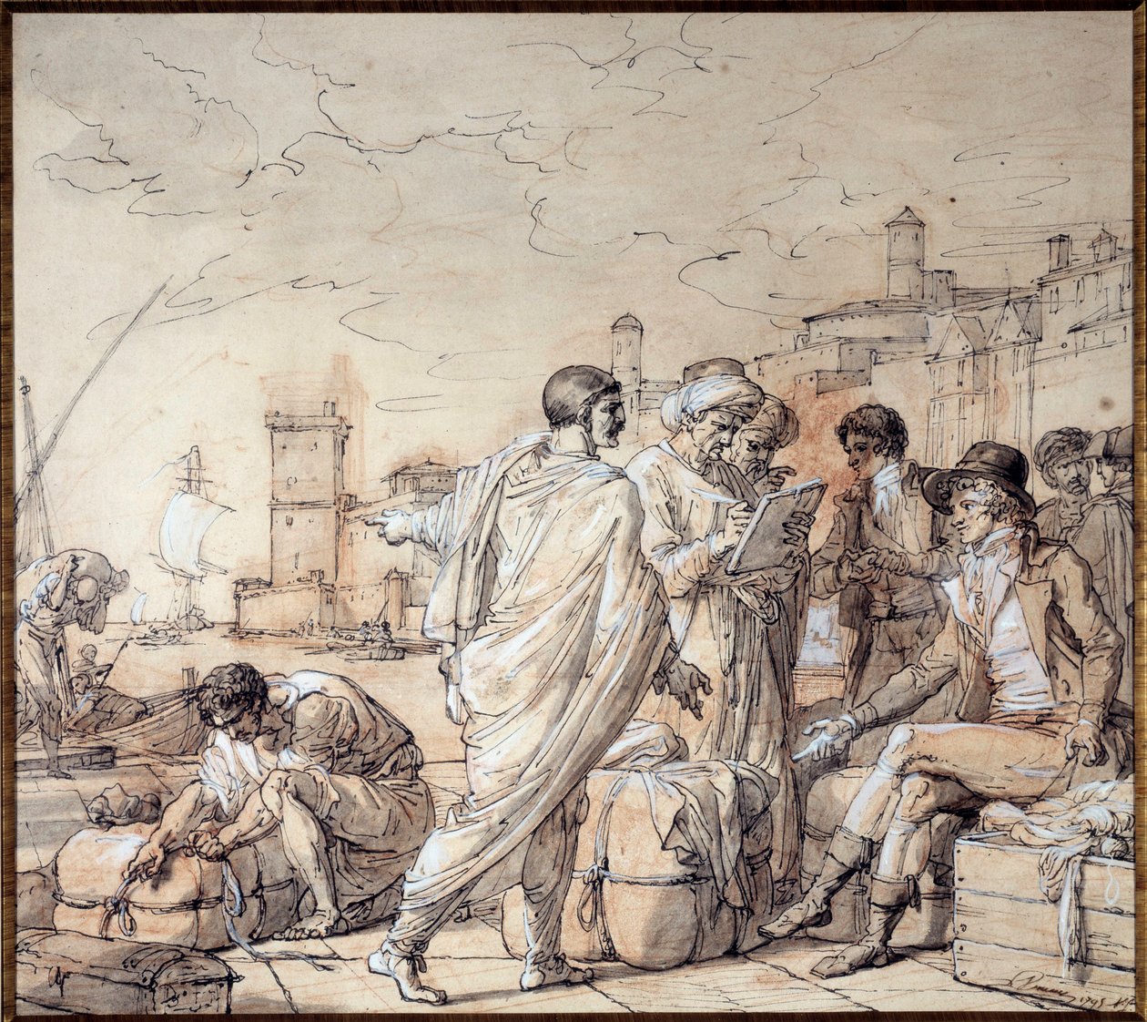 Negociantes nas docas do porto de Marselha Desenho de François Andre Vincent (1746-1816) Século XVIII Museu da Marinha de Marselha de François André Vincent