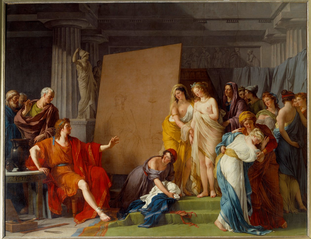 O pintor Zeuxis (ou Zeuxippos, pintor grego, 464-398 AC) escolhendo para modelo as mais belas raparigas da Pintura Crotone de François Andre Vincent (1746-1816) Sun. 3,2x4,1 m de François André Vincent