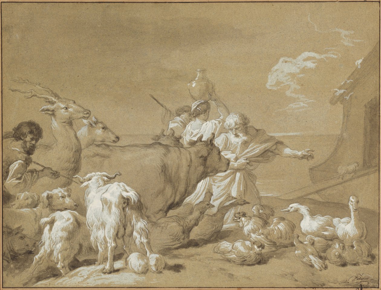 Noé conduzindo os animais para dentro da arca de François André Vincent after Giovanni Benedetto Castiglione