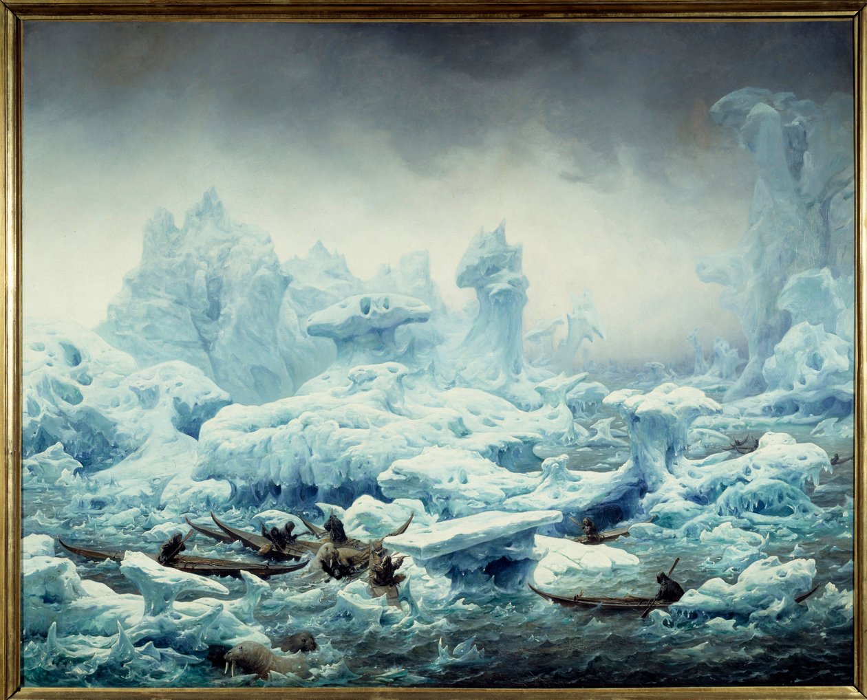 Vista do oceano gelado, pesca da morsa pela Gronelândia Pintura de François Auguste Biard (1799-1882) 1841 Sol. 1,3x1,63 m Dieppe, musee du chateau - Pesca da Morsa no Oceano Ártico. Vista para o Mar Polar, Gronelândia caçando morsas. Pintura por de François Auguste Biard