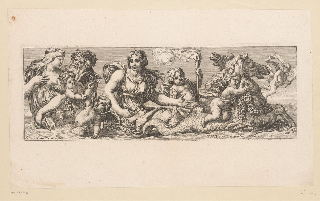 Santa Catarina com Nereidas, Sátiros e Animais Fantásticos na Água Figuras mitológicas à beira da água (título da série) de François Bignon (attributed to)