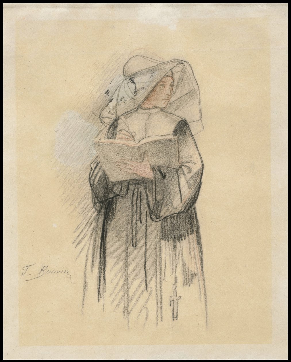 Uma freira segurando um livro e uma caneta, 1827-87 de François Bonvin