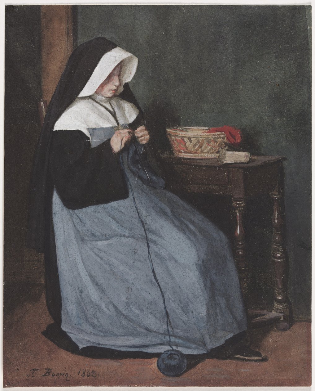 Uma freira sentada em uma mesa de tricô, 1862. de François Bonvin