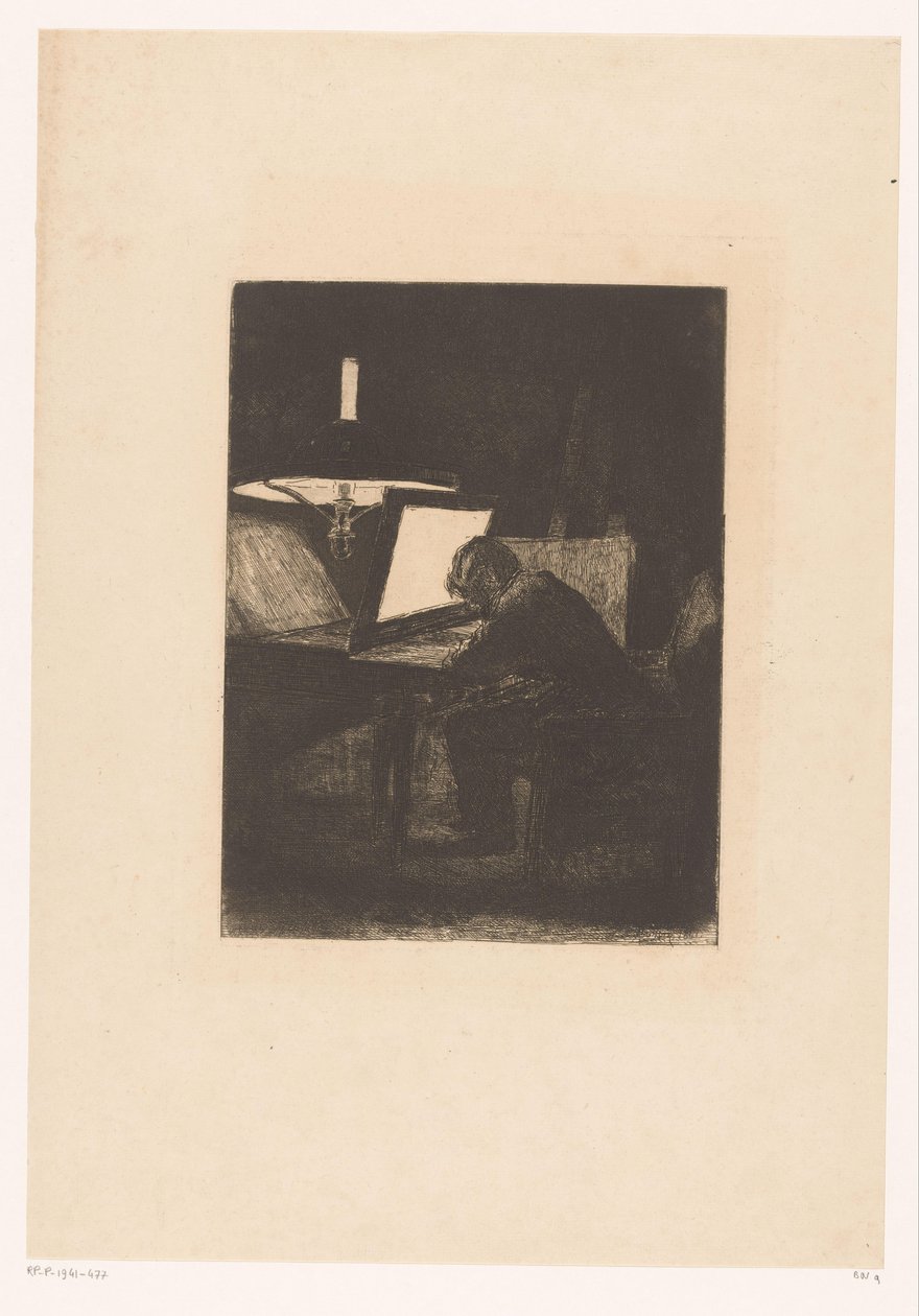 Etser bij lamplicht Seis gravuras, desenhadas e gravadas por F. Bonvin, Painter (título da série) de François Bonvin