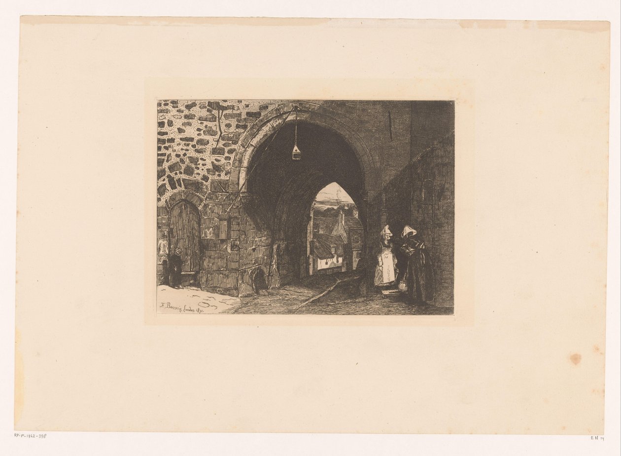 Gezicht op de Porte de St. Malo te Dinan Dez gravuras, desenhadas e gravadas por F. Bonvin, Painter (título da série) de François Bonvin