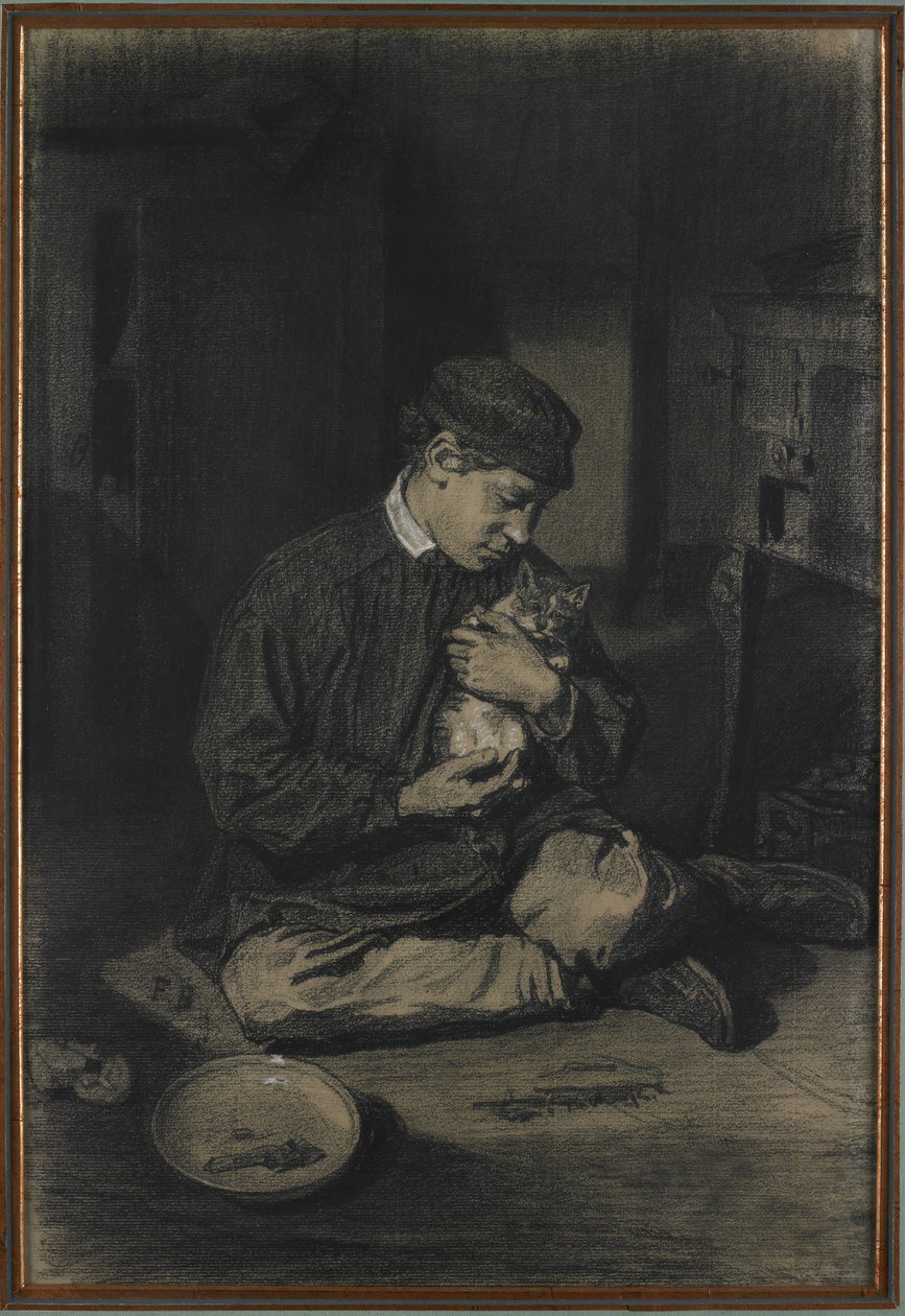 Garoto sentado segurando um gato (reto); Estudo de gatinhos e um prato de leite (verso), c. 1874-80 (giz preto aumentado com giz branco sobre papel branco sujo) de François Bonvin