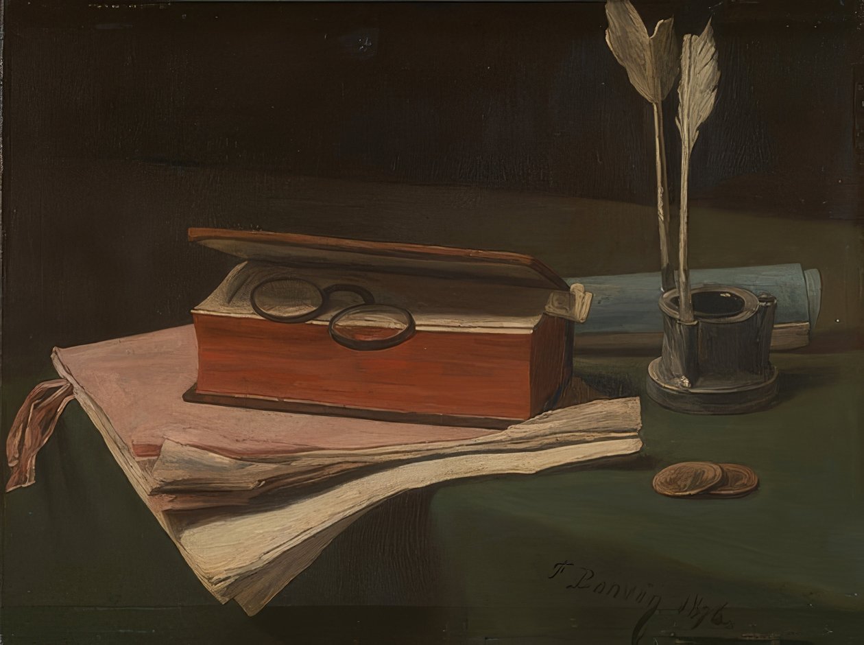 Ainda vida com livro, papéis e tinteiro. 1876 de François Bonvin