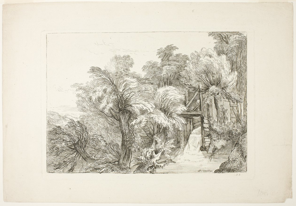 A Mill Lock in the Middle of Willows, plate 97 from Figures of Different Characters, Landscapes, and Studies Drawn from Nature de François Boucher