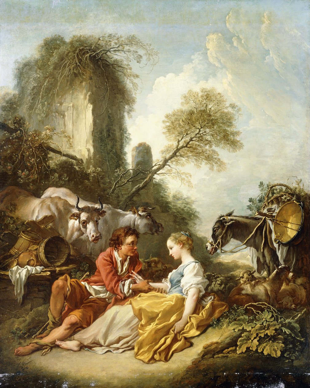 Uma paisagem pastoral com pastor e pastora sentada em ruínas, de François Boucher