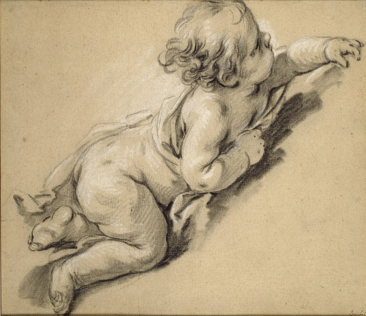 Um Putto reclinado para a direita (giz no papel) de François Boucher