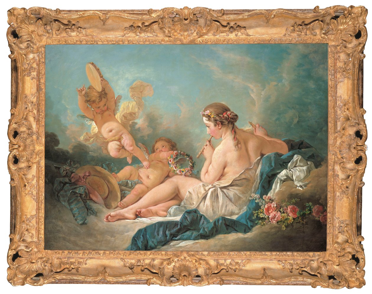 Uma ninfa reclinada tocando flauta com Putti, talvez a musa Euterpe, 1752 de François Boucher