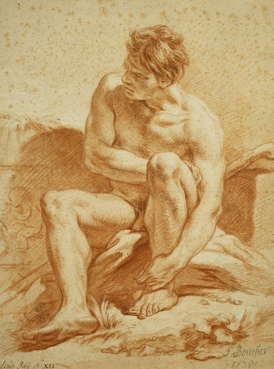 Um nu sentado com um cajado, um alívio com Putti à esquerda, 1738 de François Boucher
