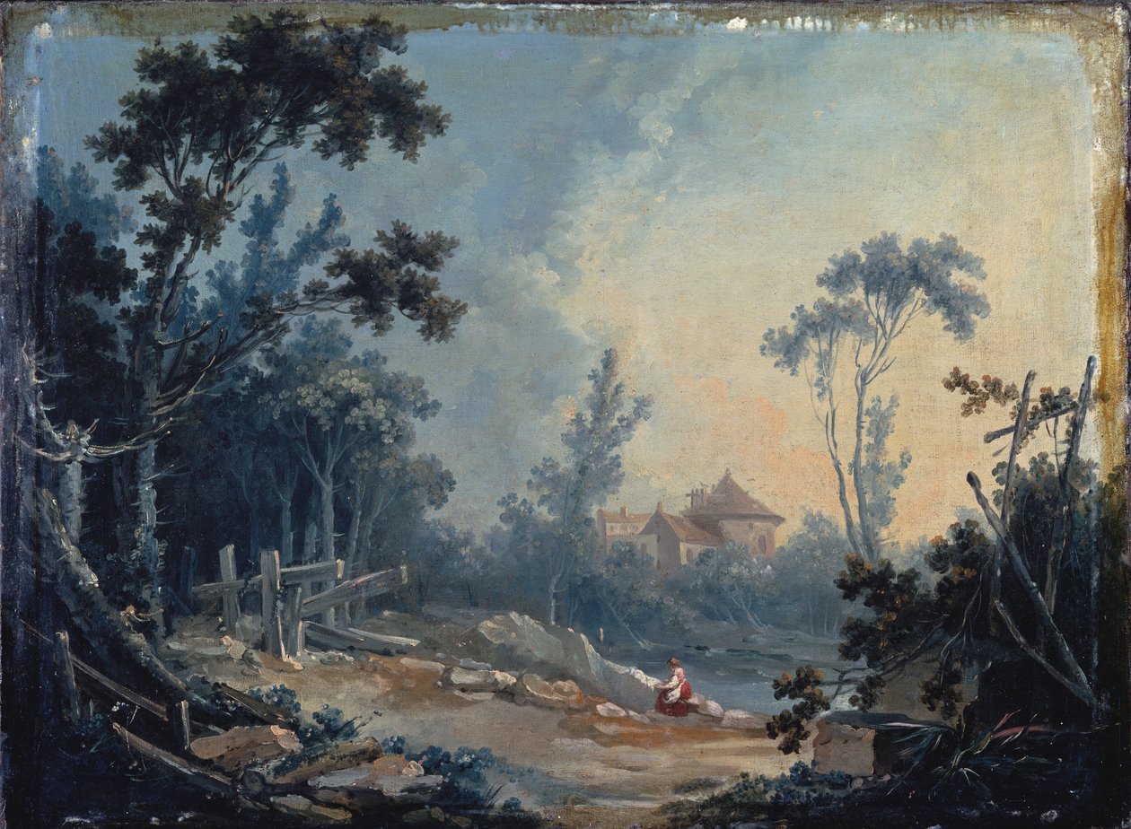 Uma paisagem arborizada com edifícios à distância de François Boucher
