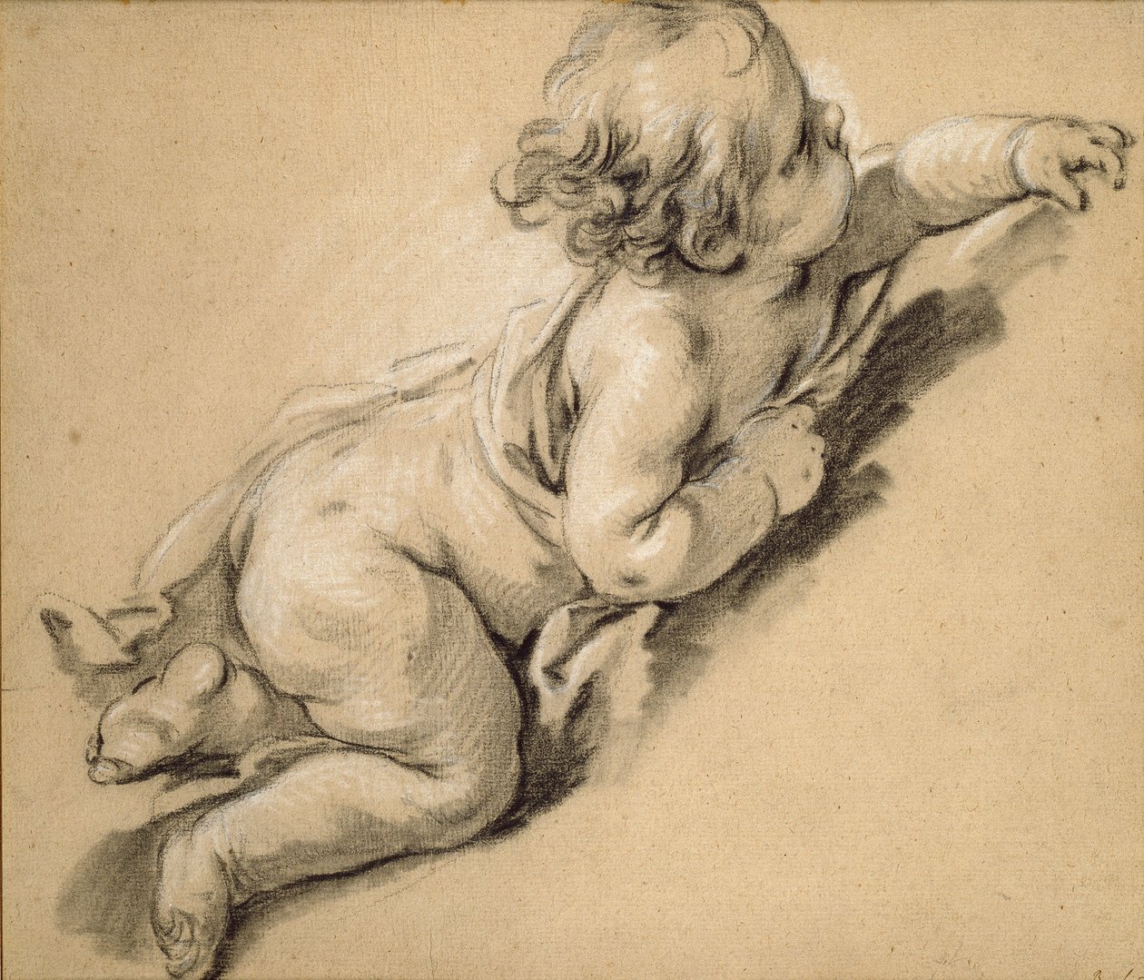 Um putto reclinado à direita, meados do século XVIII. de François Boucher