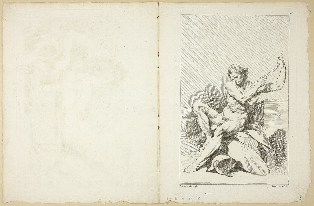 Academic Nude (reto e verso), do Segundo Livro de Figuras Acadêmicas parcialmente gravado pelos Professores da Royal Academy de François Boucher