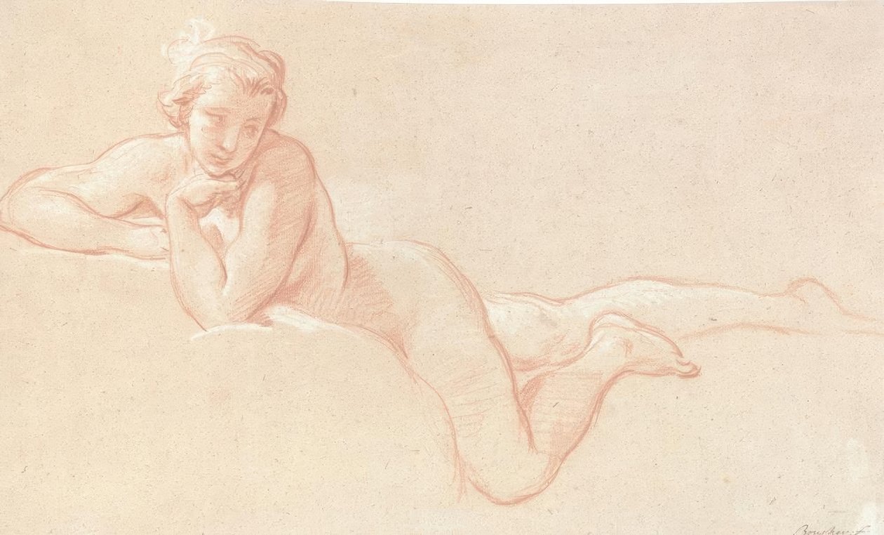 Estudo nu de uma mulher deitada nas nuvens, o queixo apoiado na mão esquerda de François Boucher