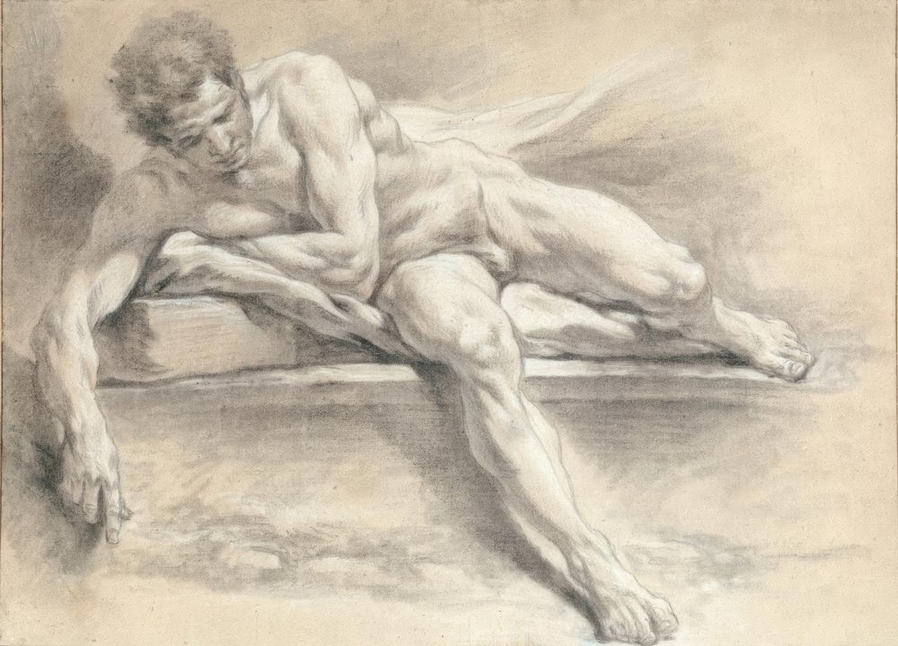 Estudo nu de um homem deitado em um banco de pedra de François Boucher