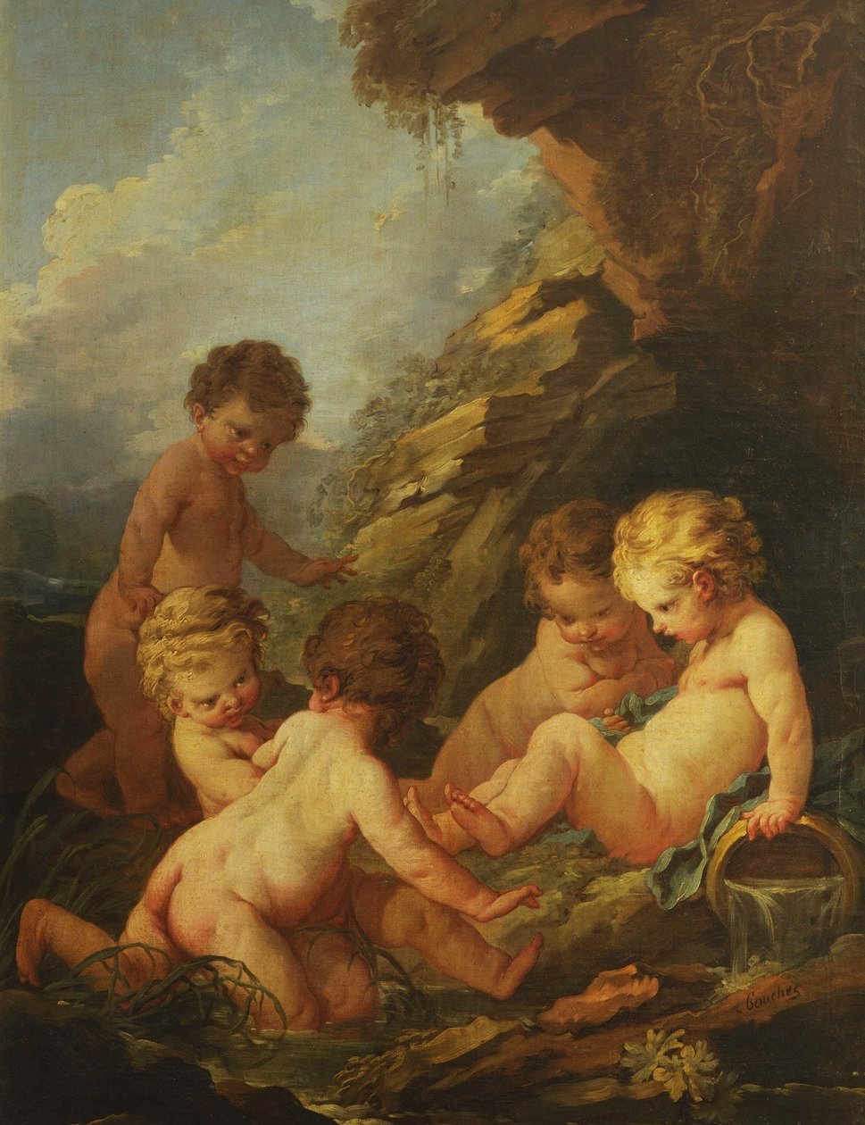 Boucher - Cinco crianças nuas a brincar junto a uma piscina rochosa, 1730-1735 de François Boucher
