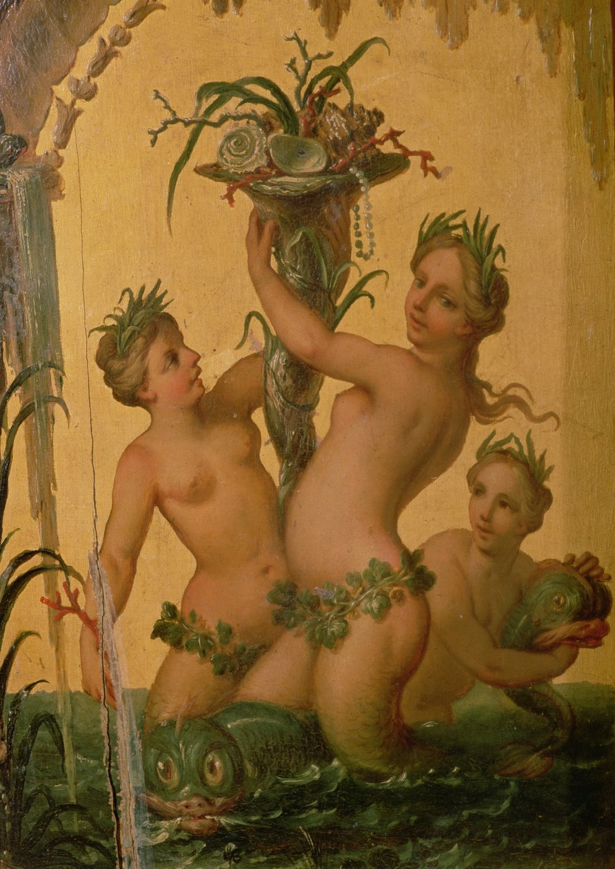 Detalhe de sirenes segurando uma cornucópia do Transporte Estatal de Pedro, o Grande, c.1724 de François Boucher