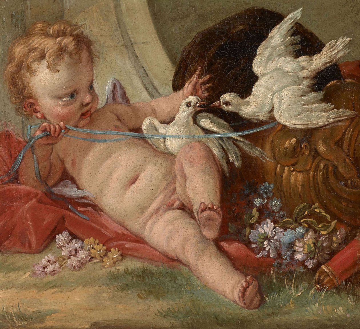 Entourage de François Boucher - Amor segurando duas pombas de François Boucher