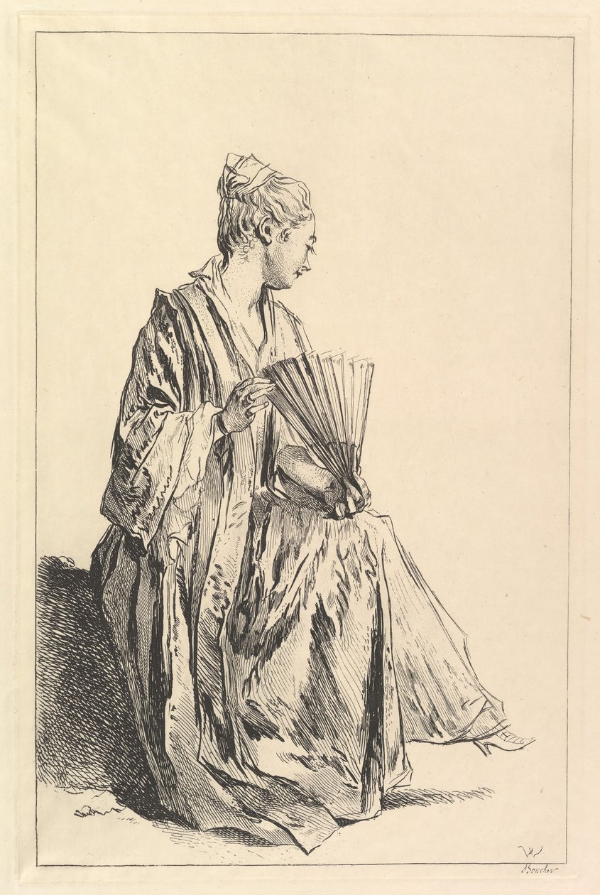 Mulher sentada, de perfil à direita, tocando leque, 1720-70. de François Boucher