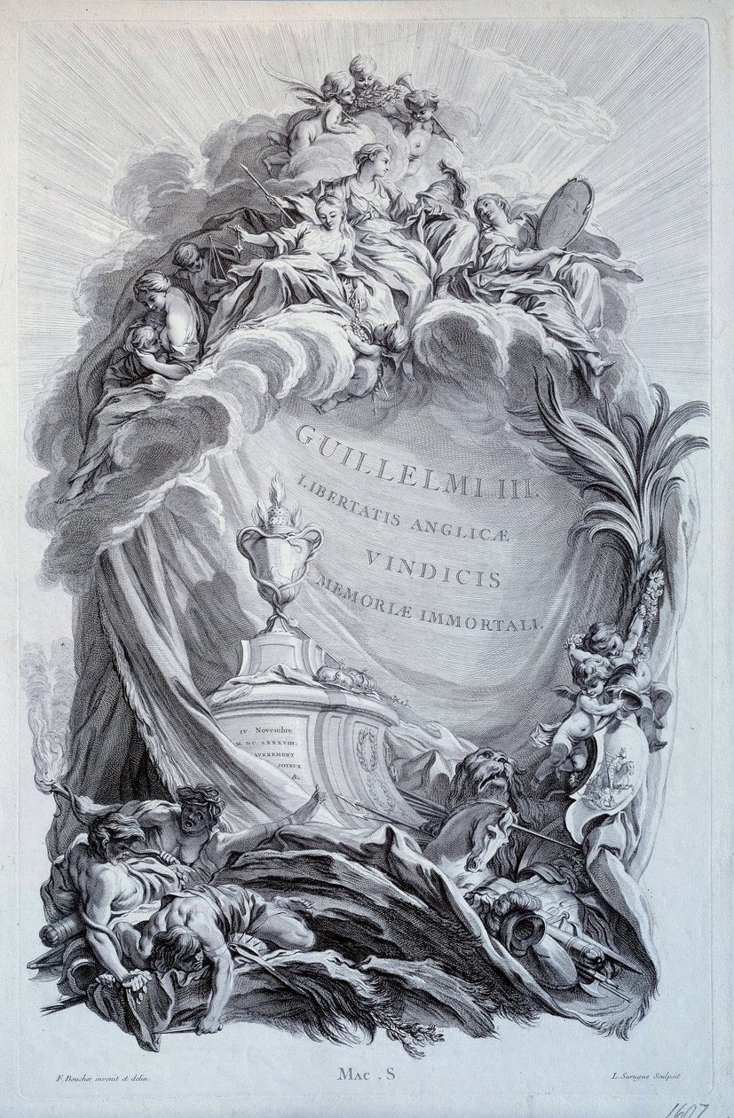 Frontispício para uma série de tábuas sobre o túmulo de Guilherme III, Príncipe de Orange e Rei de Inglaterra (1650-1702). Desenho de François Boucher (1703-1770) Século XVIII. Paris, Museu do Louvre de François Boucher