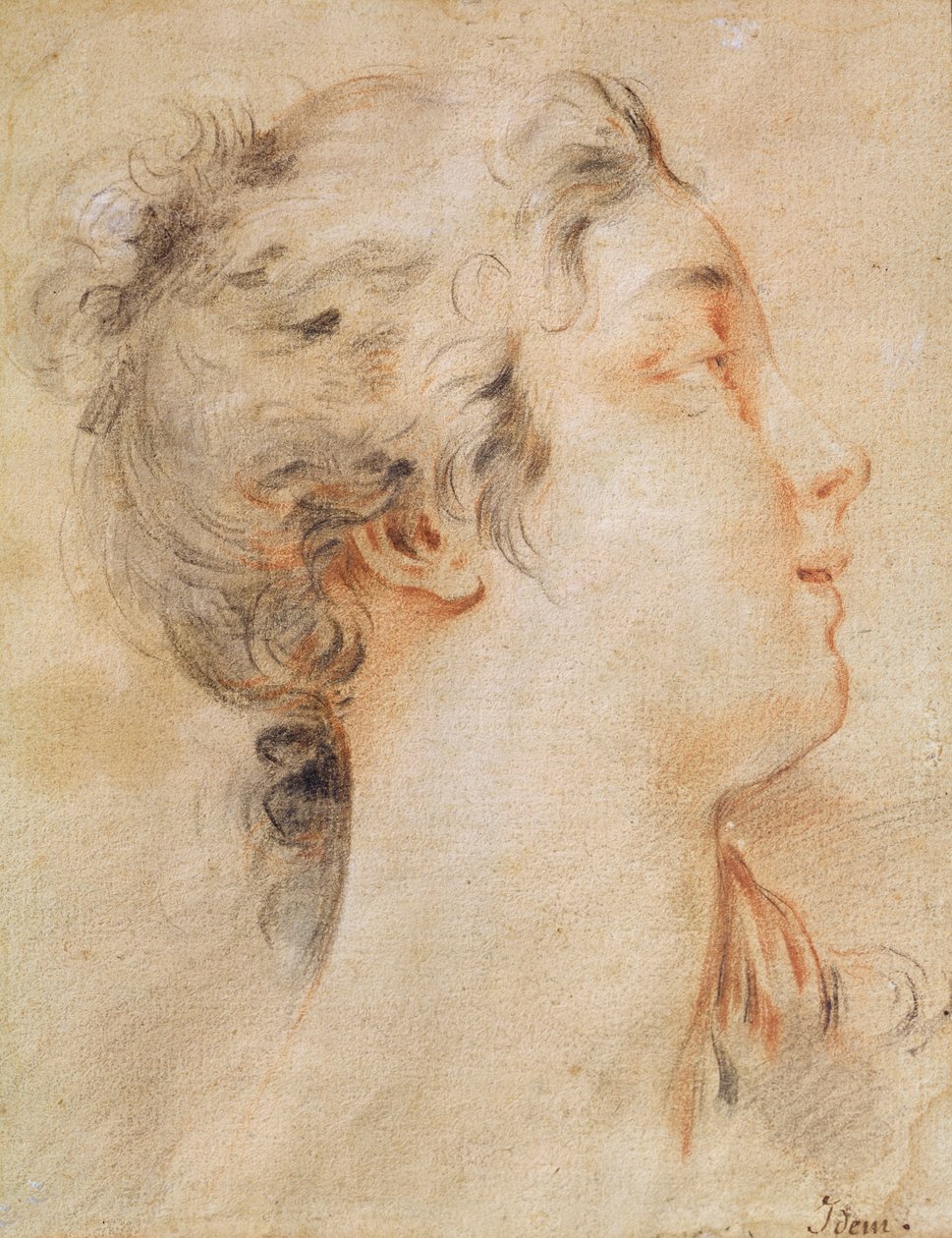 Cabeça de uma mulher virada para a direita (lápis preto e sanguíneo) de François Boucher