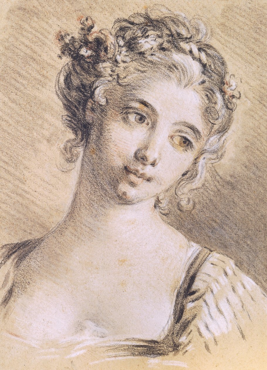Cabeça de uma jovem garota (carvão e giz branco sobre papel) de François Boucher