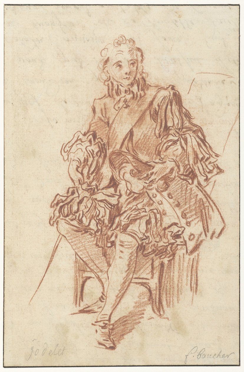 Jodelet sentado em uma cadeira Desenho para a ilustração de Les Précieuses Ridicules