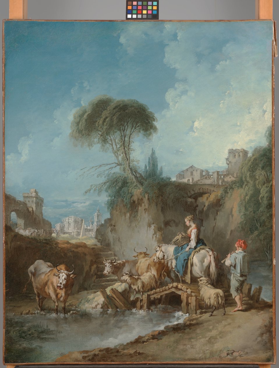 Paisagem com edifícios distantes e uma mulher de rebanho de François Boucher