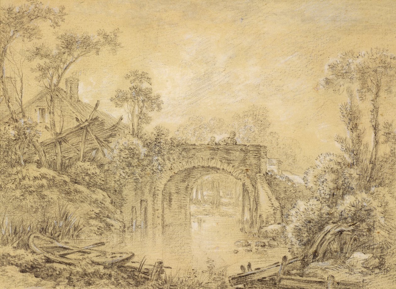 Paisagem com Ponte Rústica, c.1740 (giz preto elevado com branco sobre papel creme) de François Boucher