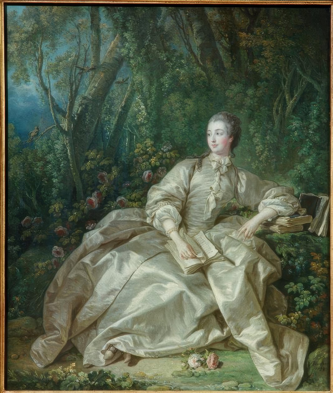 Madame de Pompadour sentada ao ar livre. de François Boucher