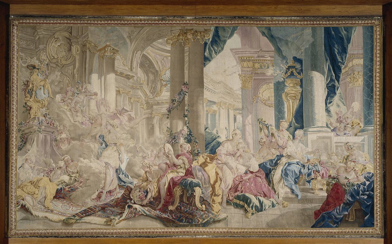Manufacture de Beauvais - Psique conduzida por Zéfiro ao palácio do Amor e Psique mostrando a sua riqueza às suas irmãs, depois de 1741 de François Boucher