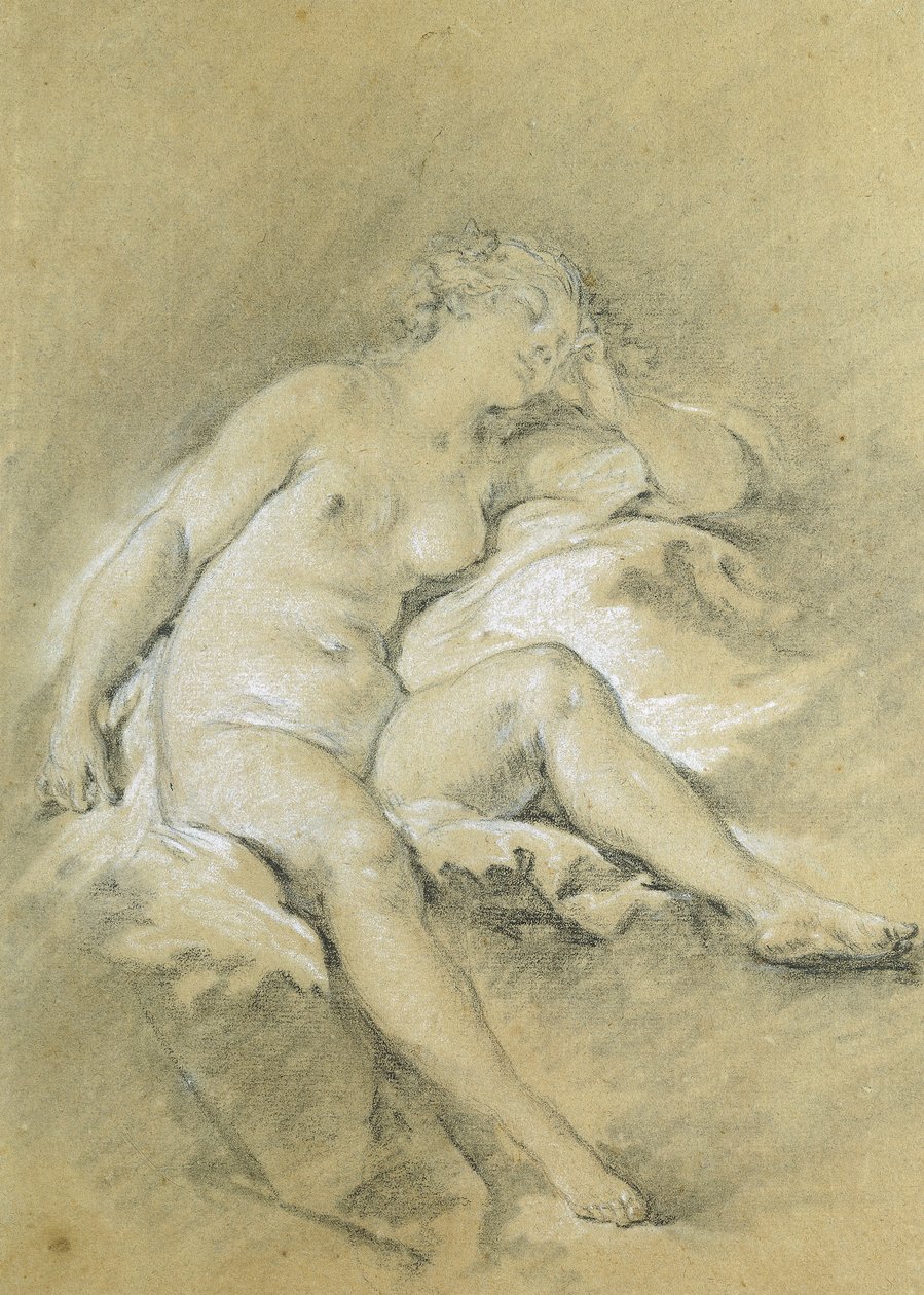 Mulher jovem nua sentada, dormindo; Uma jovem denunciada e sentada, dormindo, de François Boucher