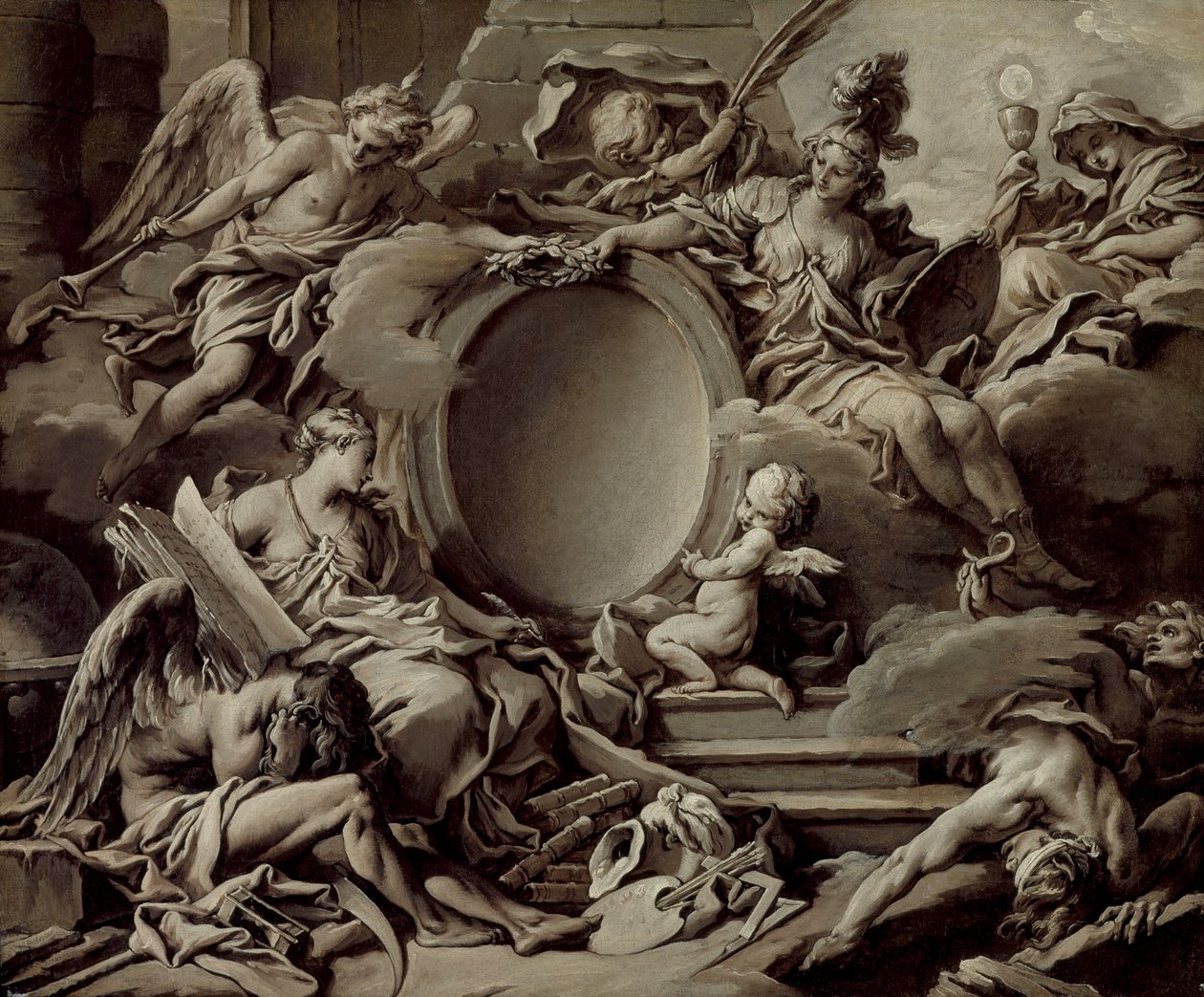 Projeto para uma Cartela: Uma Alegoria de Minerva, Fama, História e Fé Superando a Ignorância e o Tempo, c.1727 de François Boucher