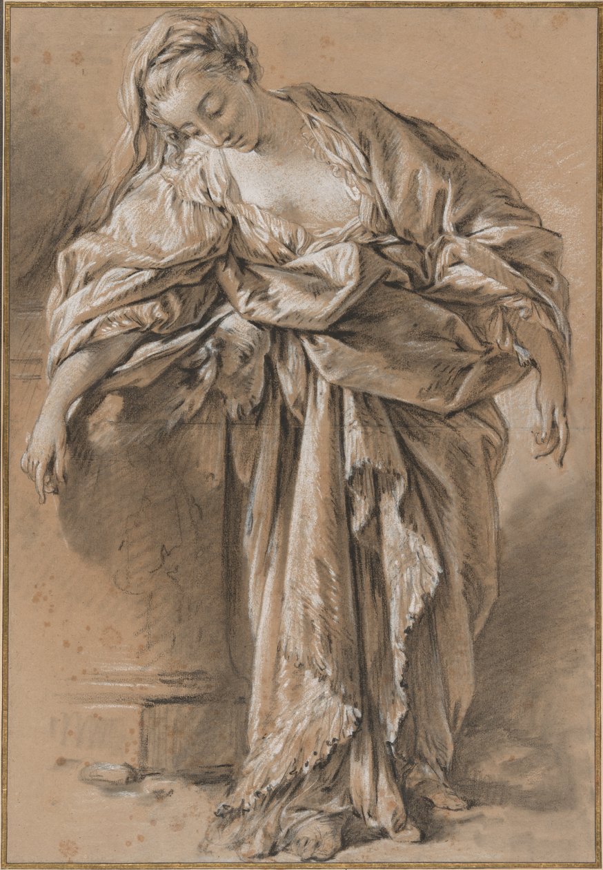 Estudo de uma mulher drapejada apoiada em um pedestal de François Boucher