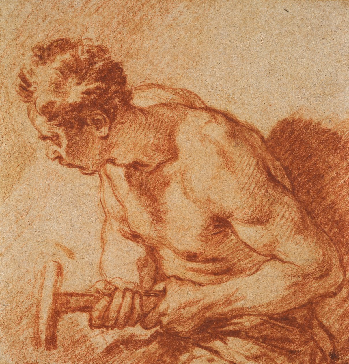 Estudo de um homem segurando um martelo, meio comprimento, de François Boucher