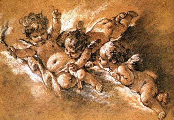 Três putti nas nuvens (giz) de François Boucher
