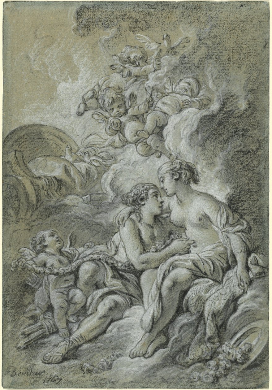 Vênus encostada em seu querido Adonis... de François Boucher