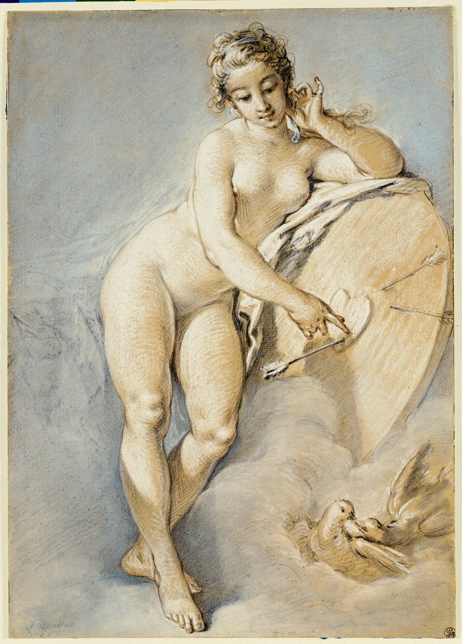 Vênus em pé, gesticulando em direção a um coração em um alvo com duas pombas, 1754 de François Boucher