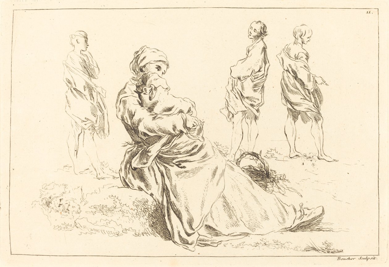 Estudos de figura incluindo mãe e criança sentadas de François Boucher after Abraham Bloemaert