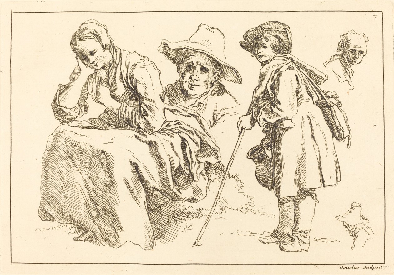 Estudos de Figuras, incluindo Garoto em Pé Segurando um Jarro de François Boucher after Abraham Bloemaert