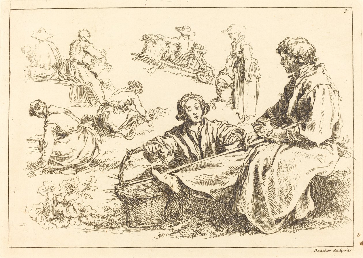 Estudos de figuras incluindo dois camponeses sentados de François Boucher after Abraham Bloemaert