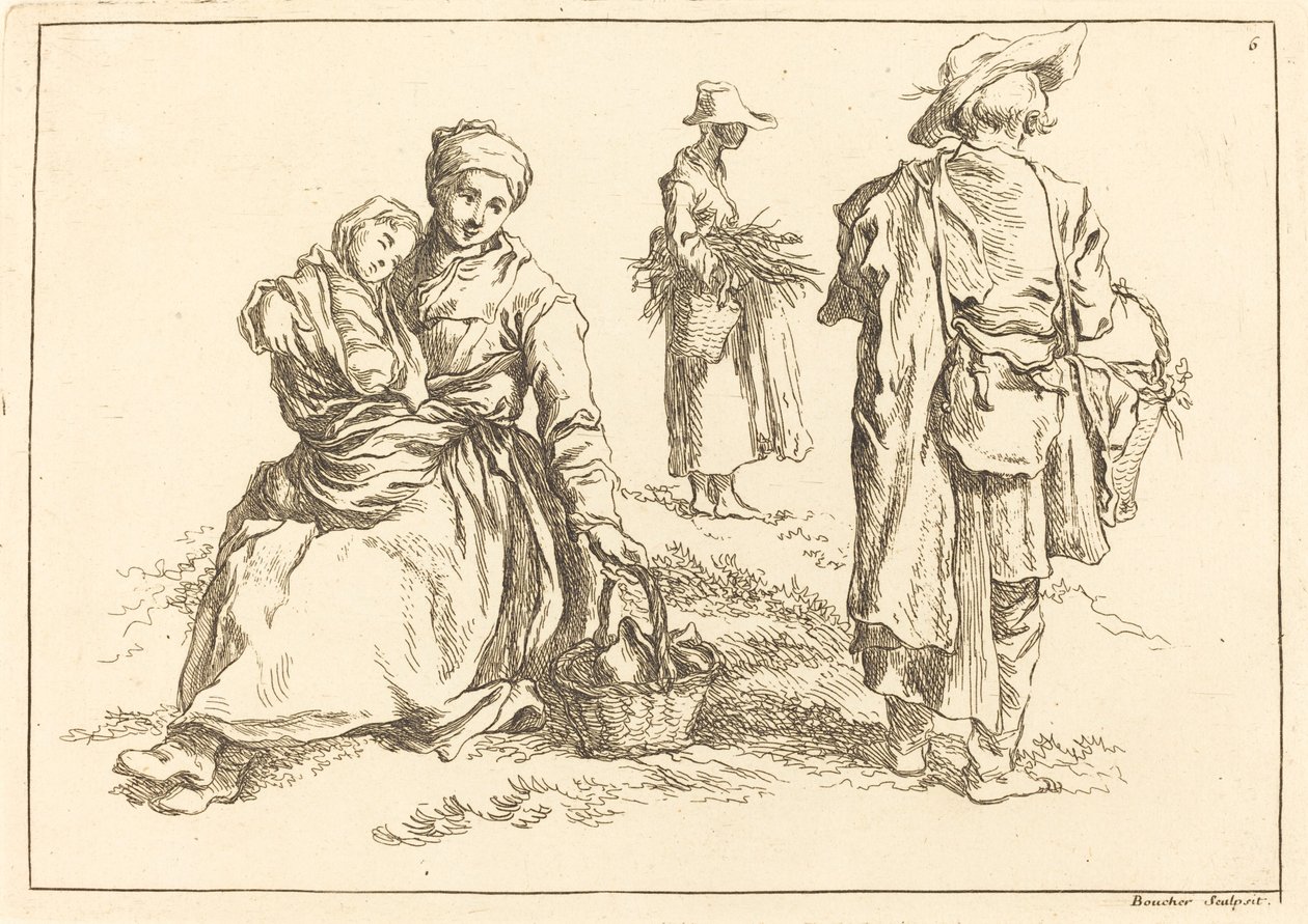 Mãe e filho sentados, dois camponeses em pé de François Boucher after Abraham Bloemaert